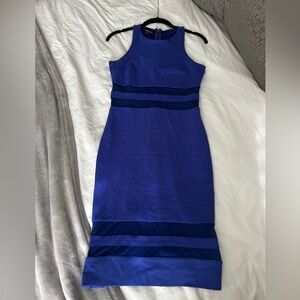 Bebe Blue Sleeveless Dress with mesh see-through cutouts.